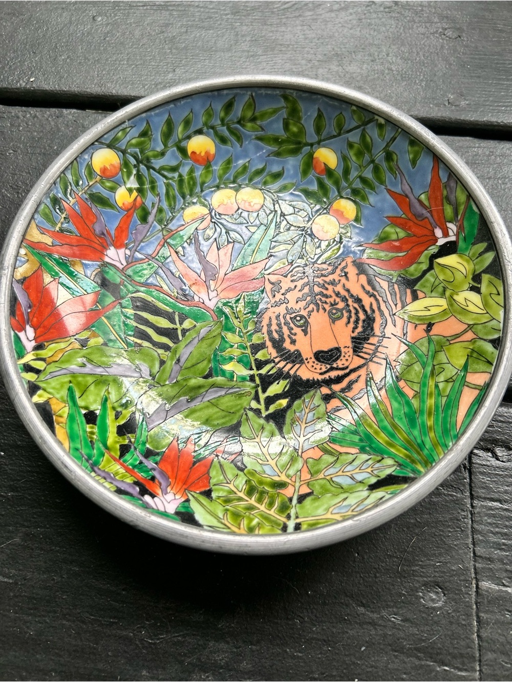 Vintage Neiman Marcus Multicolor Tiger Jungle Decorative Ceramic Pewter bowl